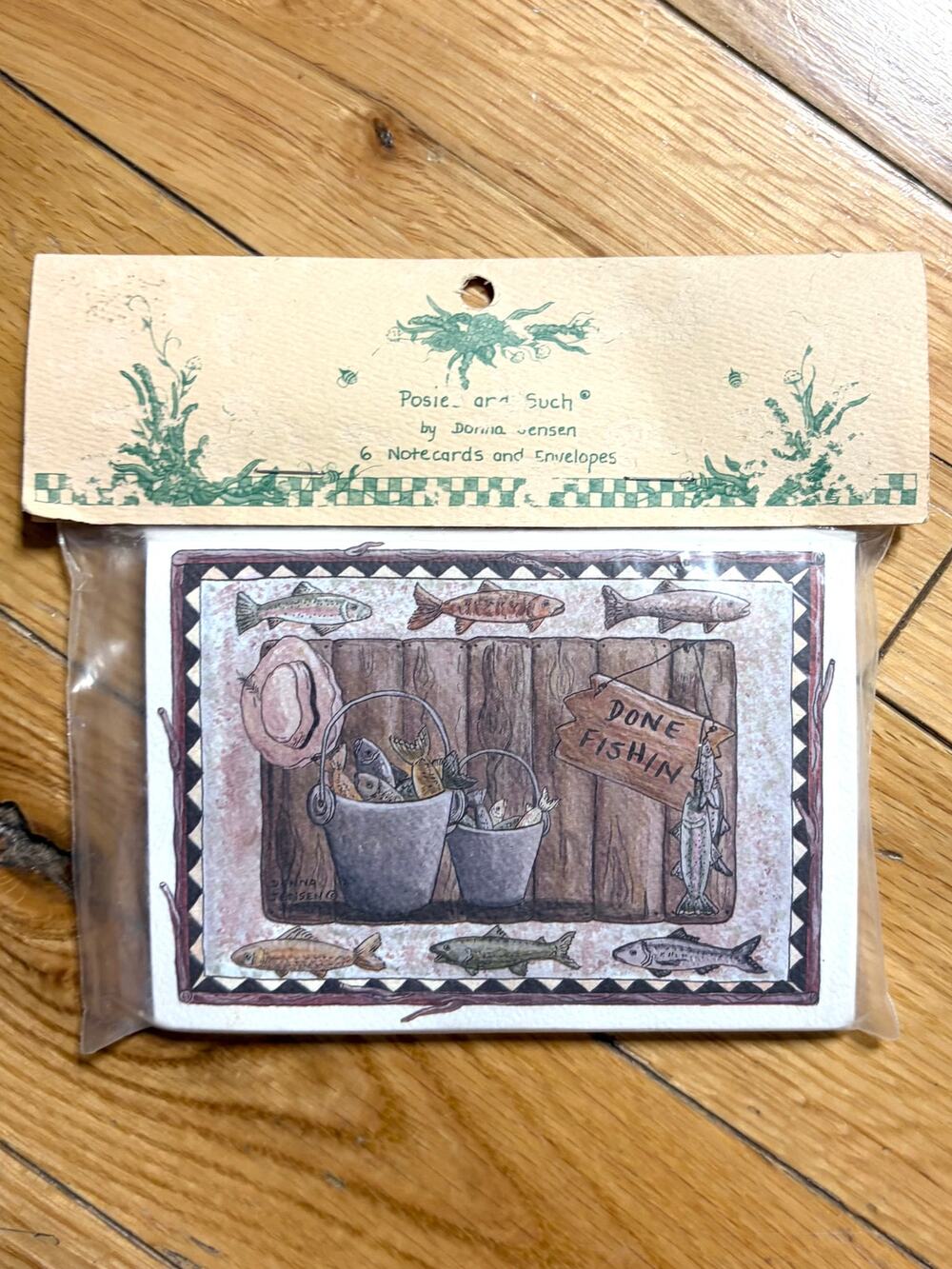 Vintage Posies and Such Notecards Donna Jensen Done Fishin 6 Pack Recycled USA